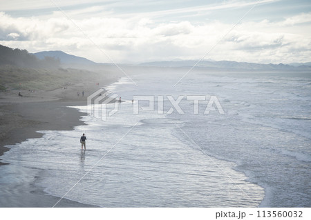 People walking down the beach with waves approaching during overcast hazy day, New Zealand 113560032