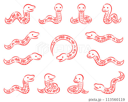 赤い筆書き調の蛇の線画イラストセット 赤い筆書き調の蛇の線画イラストセット 113560119