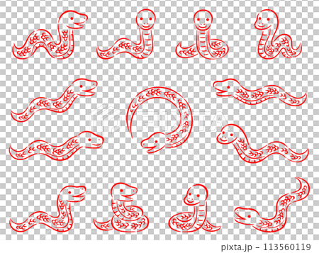 赤い筆書き調の蛇の線画イラストセット 赤い筆書き調の蛇の線画イラストセット 113560119