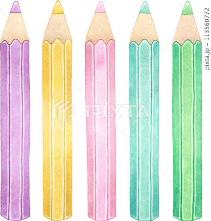 並んだ色鉛筆(5本)の水彩イラスト 並んだ色鉛筆(5本)の水彩イラスト 113560772