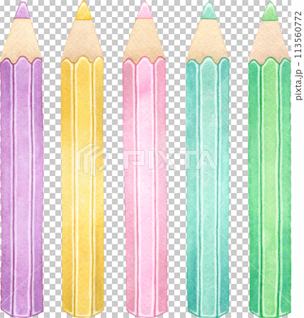 並んだ色鉛筆(5本)の水彩イラスト 並んだ色鉛筆(5本)の水彩イラスト 113560772