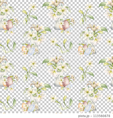 White lilies in ceramic jug watercolor isolated on white. White flower botanical in pitcher seamless pattern hand drawn. Lily bunch Christian symbol. Design for Easter, textile, wrapping paper 113560878