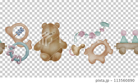 Toys for little children in neutral colors seamless border isolated on white. Soft teddy bear, beanbag hand drawn. Stacking train toddler toy in pastel colors. Elements for print, decoration room 113560890
