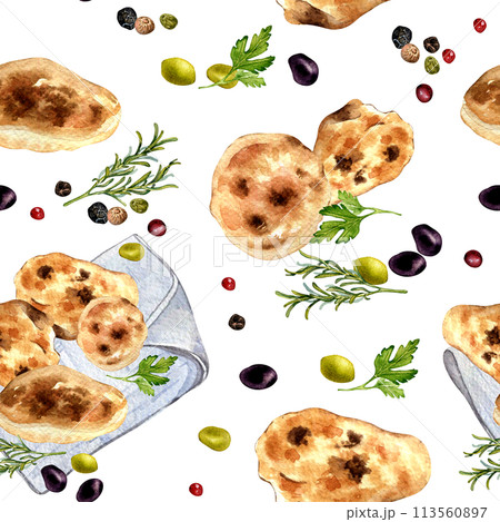 Arabian flat bread in watercolor seamless pattern isolated on white. Pitta on a cotton napkin with olives and herbs. Indian naan hand drawn. Painted bread on tablecloth for packaging, wrapping paper Arabian flat bread in watercolor seamless pattern isolated on white. Pitta on a cotton napkin with olives and herbs. Indian naan hand drawn. Painted bread on tablecloth for packaging, wrapping paper 113560897