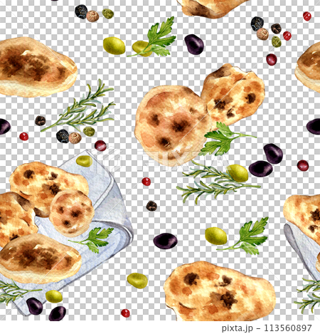 Arabian flat bread in watercolor seamless pattern isolated on white. Pitta on a cotton napkin with olives and herbs. Indian naan hand drawn. Painted bread on tablecloth for packaging, wrapping paper Arabian flat bread in watercolor seamless pattern isolated on white. Pitta on a cotton napkin with olives and herbs. Indian naan hand drawn. Painted bread on tablecloth for packaging, wrapping paper 113560897
