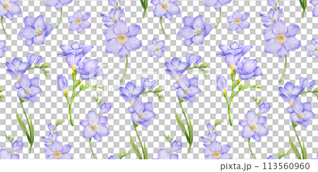 Watercolor seamless pattern with violet freesia flower branch and green leaves. Hand drawn color repeat backdrop on dark background 113560960