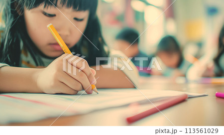 学校で真剣に勉強する女の子 Girl studying seriously in school 113561029