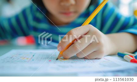 学校で真剣に勉強する女の子 Girl studying seriously in school 113561030