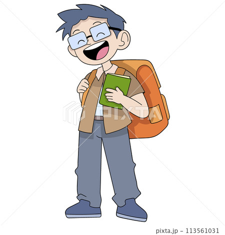 young nerdy boy wearing glasses carrying a backpack goes to campus to study young nerdy boy wearing glasses carrying a backpack goes to campus to study 113561031