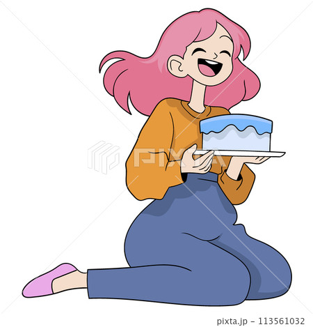 young mother is sitting laughing happily carrying tart cake, a pleasant birthday surprise young mother is sitting laughing happily carrying tart cake, a pleasant birthday surprise 113561032