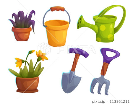 Greenhouse garden rake, shovel and flower vector Greenhouse garden rake, shovel and flower vector 113561211