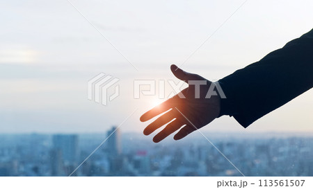 都市を背景に手を差し伸べる男性のシルエット 113561507
