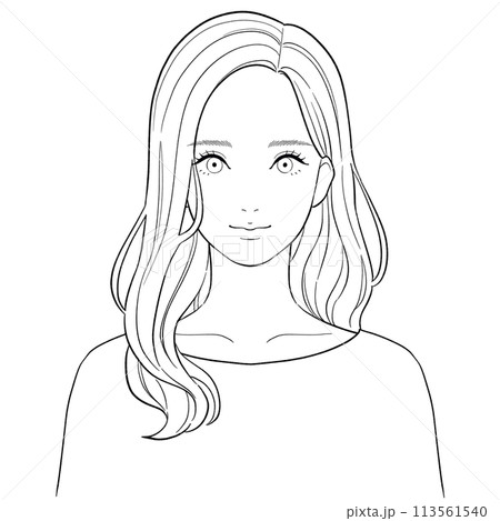 ロングヘアの女性の線画イラスト 113561540
