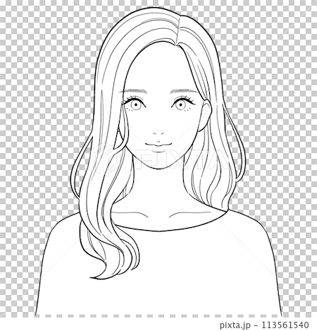 ロングヘアの女性の線画イラスト 113561540