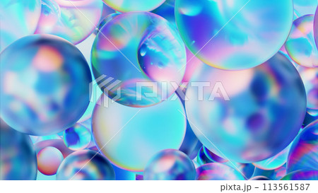 Background with glass spheres with colorful reflections and refractions 3d render. 113561587