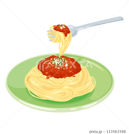 フォークで持ち上げられたミートソースパスタ 113561598