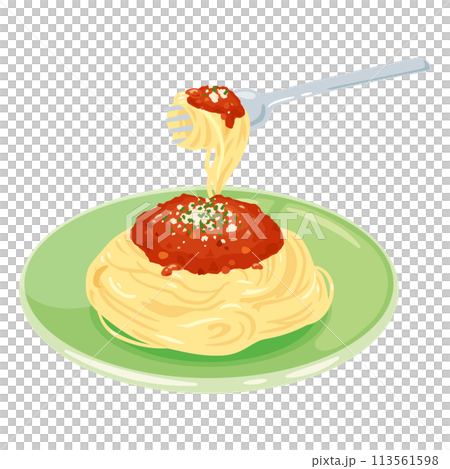 フォークで持ち上げられたミートソースパスタ 113561598