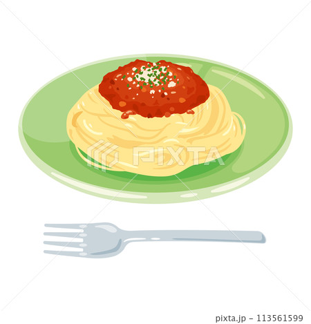 皿に盛られたミートソースパスタ 113561599