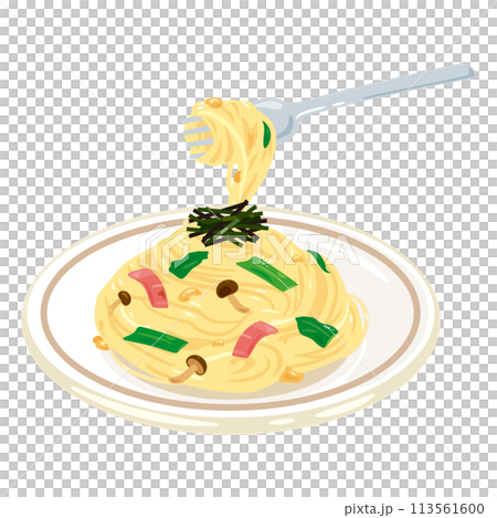 フォークで持ち上げられた和風パスタ 113561600