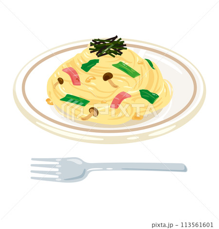 皿に盛られた和風パスタ 113561601