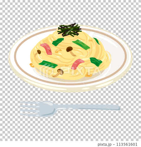 皿に盛られた和風パスタ 113561601