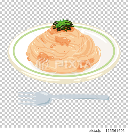 皿に盛られた明太子パスタ 113561603