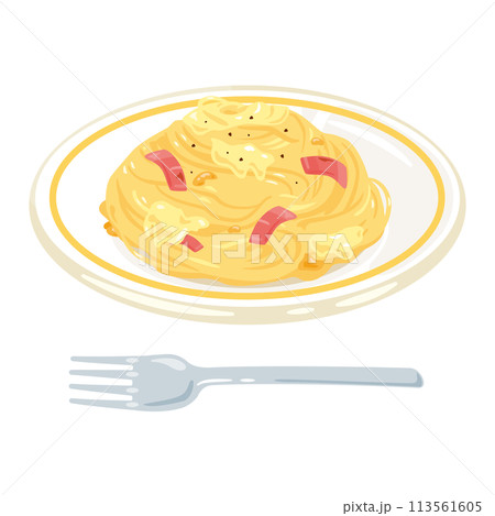 皿に盛られたカルボナーラパスタ 皿に盛られたカルボナーラパスタ 113561605