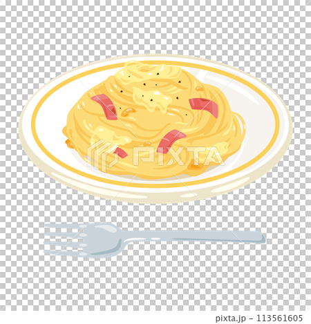 皿に盛られたカルボナーラパスタ 皿に盛られたカルボナーラパスタ 113561605