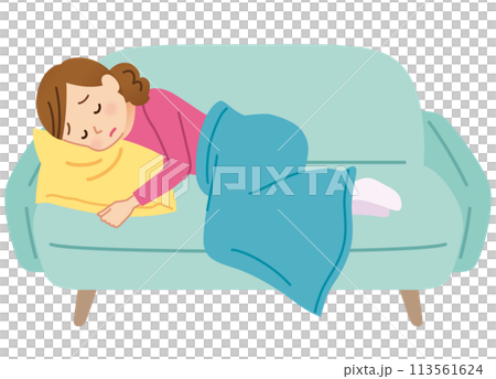 一位女士躺在沙發上，看起來疲憊不堪，身體不適 113561624