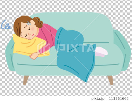 A woman lying on the sofa looking tired and unwell 113561663