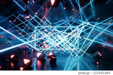 Glowing neon lines tunnel, 3d rendering. 113561864