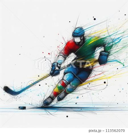 Hockey player in watercolor illustration with Generative AI. 113562070