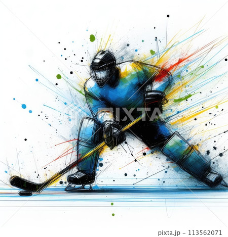 Hockey player in watercolor illustration with Generative AI. 113562071