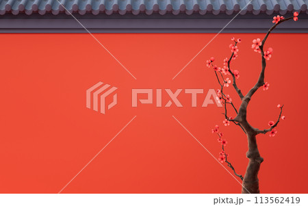 Plum blossom with Chinese ancient wall, 3d rendering. Plum blossom with Chinese ancient wall, 3d rendering. 113562419