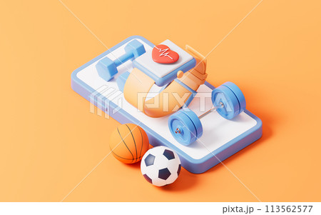 Fitness with cartoon style, 3d rendering. Fitness with cartoon style, 3d rendering. 113562577