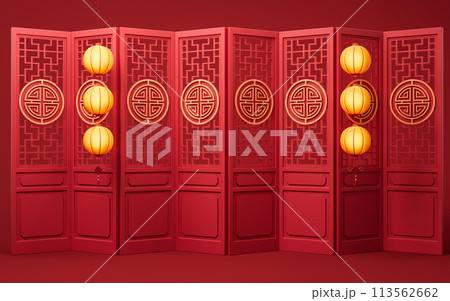 Ancient Chinese door with glow lanterns, 3d rendering. Ancient Chinese door with glow lanterns, 3d rendering. 113562662