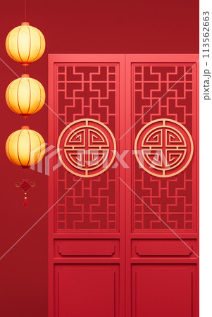Ancient Chinese door with glow lanterns, 3d rendering. 113562663