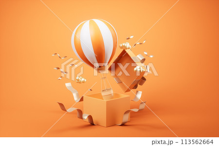 Hot air balloon and gift box, 3d rendering. Hot air balloon and gift box, 3d rendering. 113562664