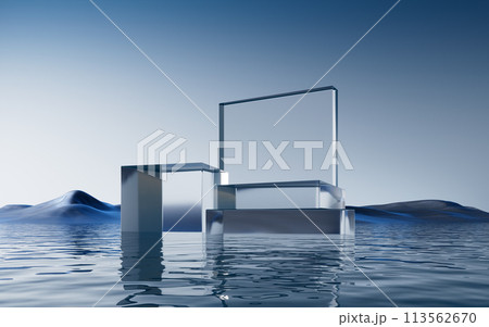 Transparent glass stage with water background, 3d rendering. 113562670