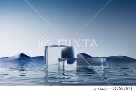 Transparent glass stage with water background, 3d rendering. 113562671