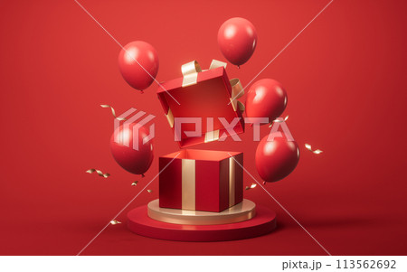 Opening gift box, festivals and celebrations, 3d rendering. Opening gift box, festivals and celebrations, 3d rendering. 113562692