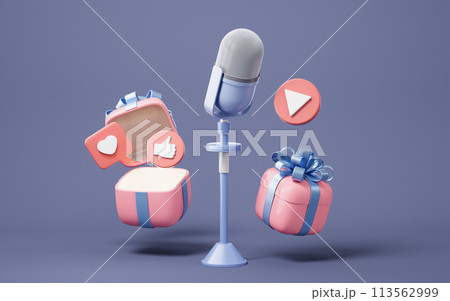 Microphone live streaming and gift boxes, 3d rendering. Microphone live streaming and gift boxes, 3d rendering. 113562999