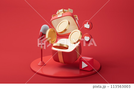 Microphone live streaming and gift boxes, 3d rendering. Microphone live streaming and gift boxes, 3d rendering. 113563003