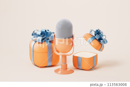 Microphone live streaming and gift boxes, 3d rendering. Microphone live streaming and gift boxes, 3d rendering. 113563008