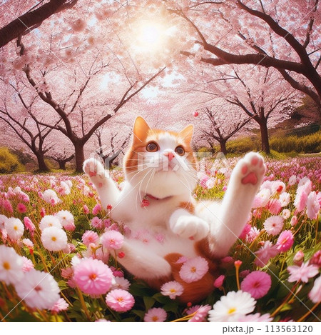 桜と戯れる猫 113563120