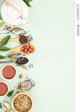 Herbal Tea Assortment on Pastel Green Herbal Tea Assortment on Pastel Green 113563177