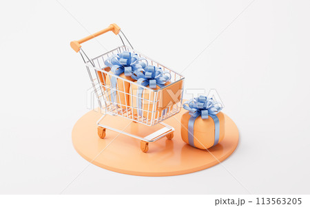 Shopping cart and gift boxes, 3d rendering. Shopping cart and gift boxes, 3d rendering. 113563205