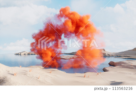 Barren land and lakes with smoke floating, 3d rendering. 113563216