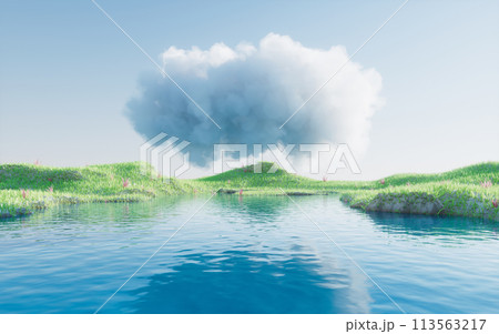 Green grassland and lakes with cloud floating, 3d rendering. 113563217