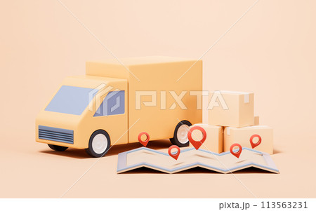 Truck and cargo box with cartoon style, 3d rendering. Truck and cargo box with cartoon style, 3d rendering. 113563231